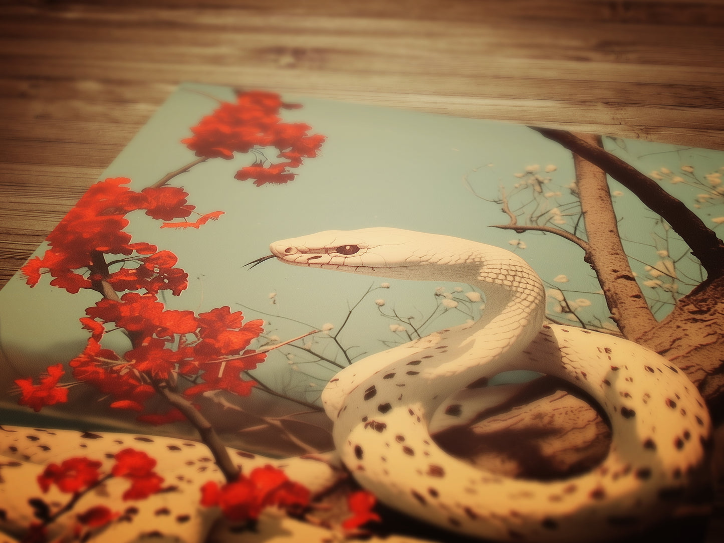 Vintage White Snake Wall Art Print, Albino Serpent Python Poster with Floral Accents, Gothic Dark Academia Aesthetic Room Decor, 新年快乐