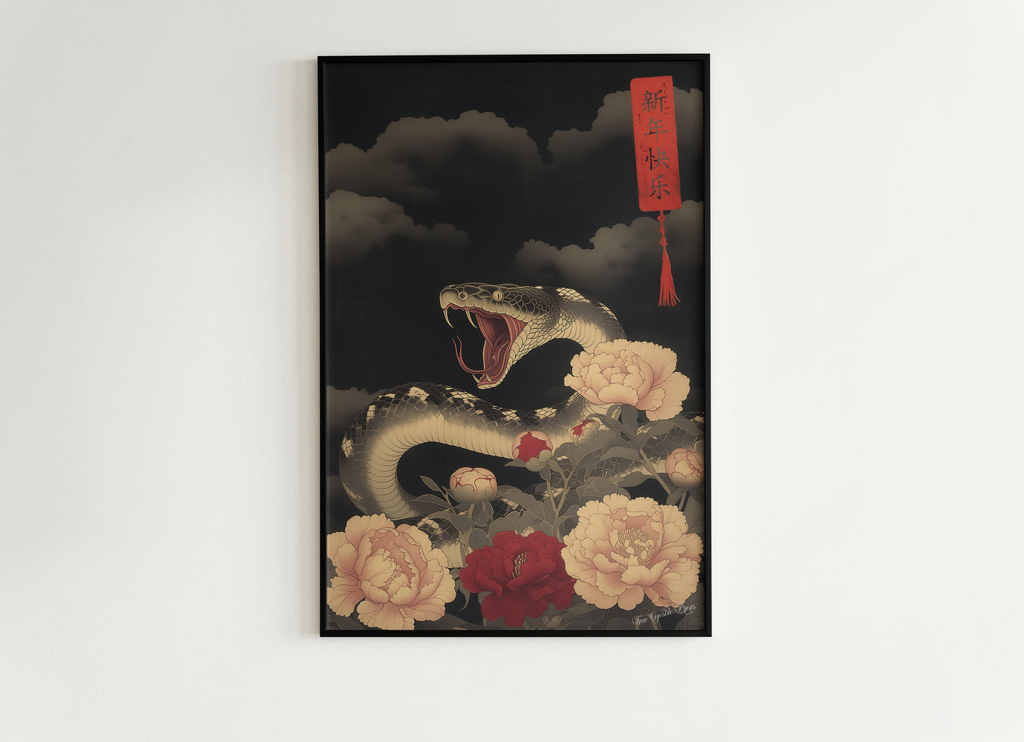 Year Of The Snake 2025, Serpent and Peonies Chinese New Year Art Print – Dark Floral Snake Wall Art Decor, Dark Academia Poster