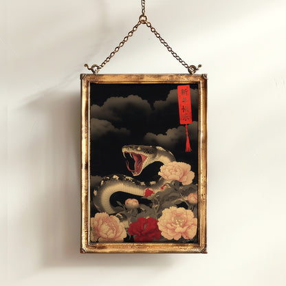 Year Of The Snake 2025, Serpent and Peonies Chinese New Year Art Print – Dark Floral Snake Wall Art Decor, Dark Academia Poster