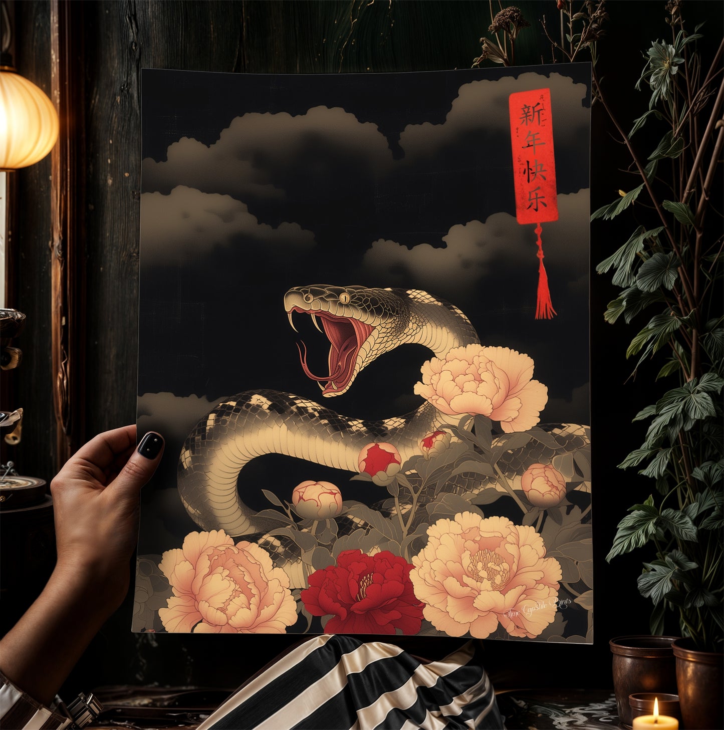 Year Of The Snake 2025, Serpent and Peonies Chinese New Year Art Print – Dark Floral Snake Wall Art Decor, Dark Academia Poster