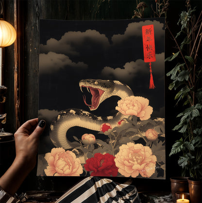 Year Of The Snake 2025, Serpent and Peonies Chinese New Year Art Print – Dark Floral Snake Wall Art Decor, Dark Academia Poster