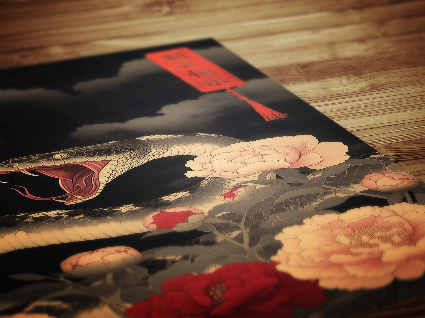 Year Of The Snake 2025, Serpent and Peonies Chinese New Year Art Print – Dark Floral Snake Wall Art Decor, Dark Academia Poster