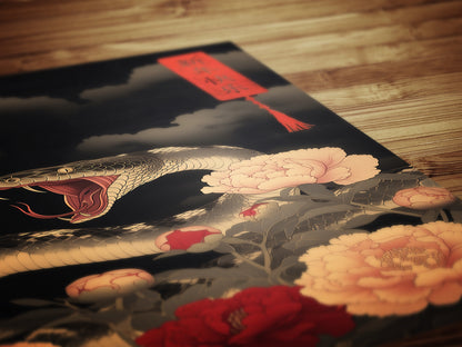Year Of The Snake 2025, Serpent and Peonies Chinese New Year Art Print – Dark Floral Snake Wall Art Decor, Dark Academia Poster