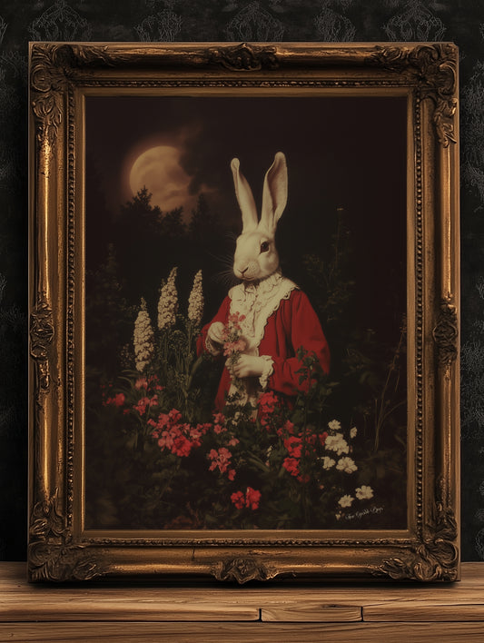 Moon Gazing Hare, Moon Hare Print, Dark Cottagecore, Gothic Victorian Wall Art, Dark Academia, Dark Home Decor