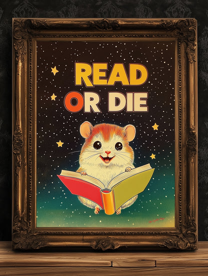 Read Or Die, Cosmic Nerdy Space Hamster Reading A Book, Cozy BookLover Gift Idea, Magical Animal Illustration, Weird Art Print