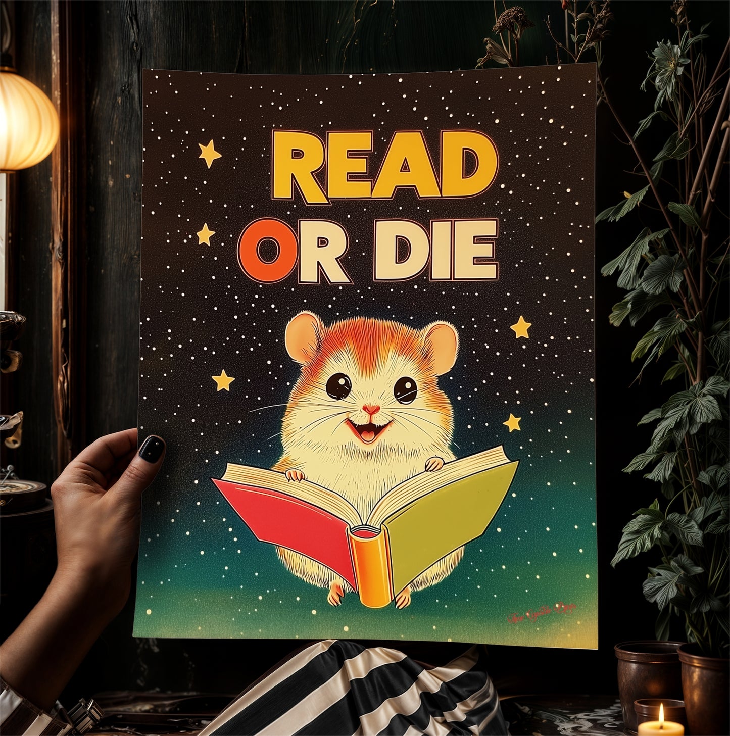 Read Or Die, Cosmic Nerdy Space Hamster Reading A Book, Cozy BookLover Gift Idea, Magical Animal Illustration, Weird Art Print
