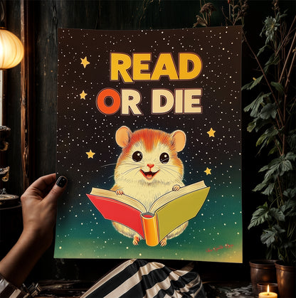 Read Or Die, Cosmic Nerdy Space Hamster Reading A Book, Cozy BookLover Gift Idea, Magical Animal Illustration, Weird Art Print