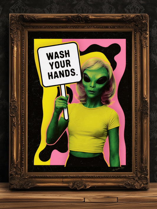 Wash Your Hands, UFO Alien Bathroom Wall Art, Decor Bathroom Art for Kids, Pop Art Print Extraterrestrial, Funny Sci-Fi Weird Art Print