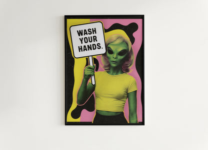 Wash Your Hands, UFO Alien Bathroom Wall Art, Decor Bathroom Art for Kids, Pop Art Print Extraterrestrial, Funny Sci-Fi Weird Art Print