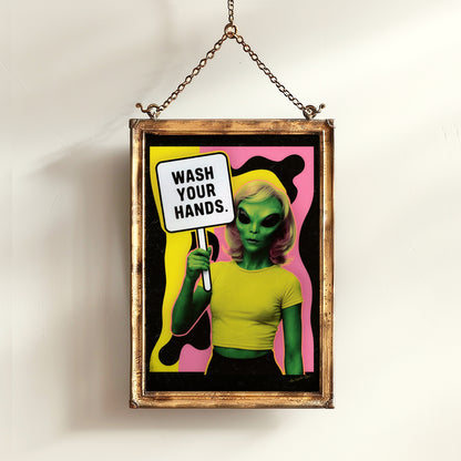 Wash Your Hands, UFO Alien Bathroom Wall Art, Decor Bathroom Art for Kids, Pop Art Print Extraterrestrial, Funny Sci-Fi Weird Art Print
