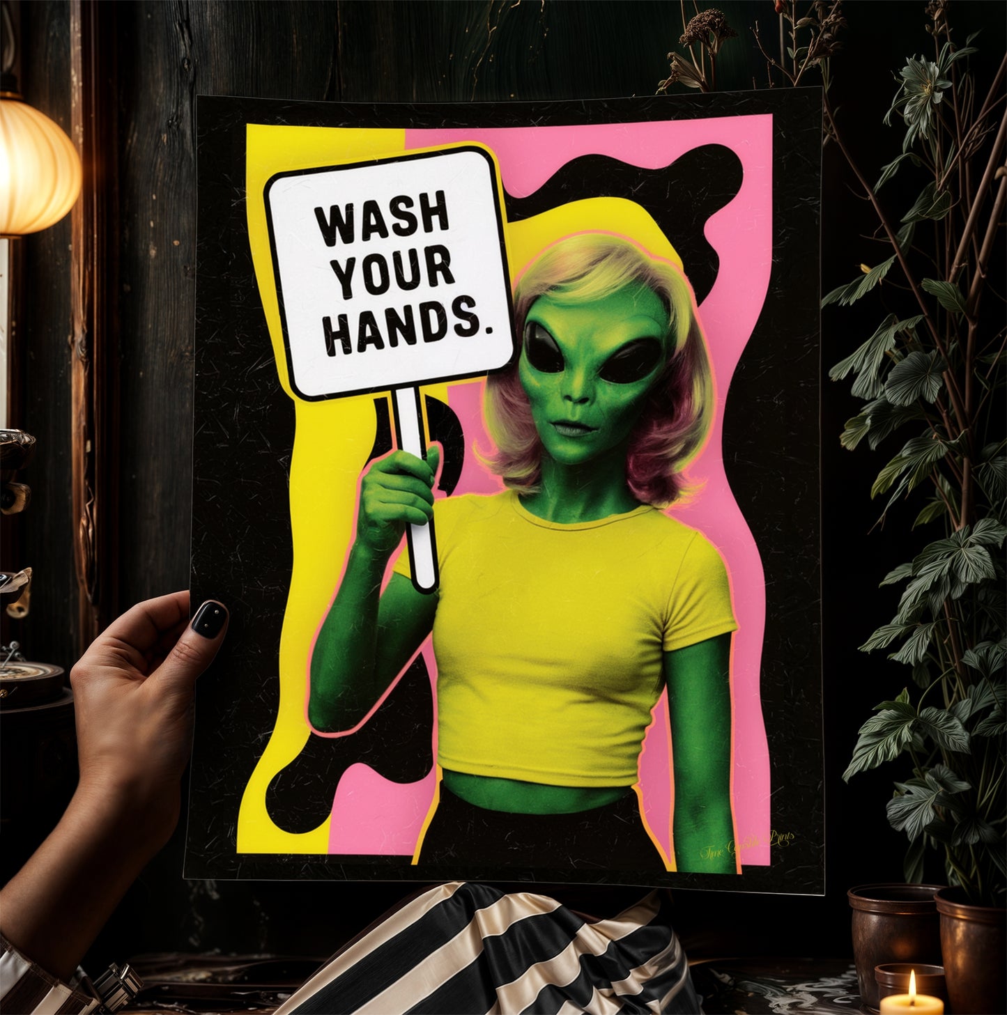 Wash Your Hands, UFO Alien Bathroom Wall Art, Decor Bathroom Art for Kids, Pop Art Print Extraterrestrial, Funny Sci-Fi Weird Art Print