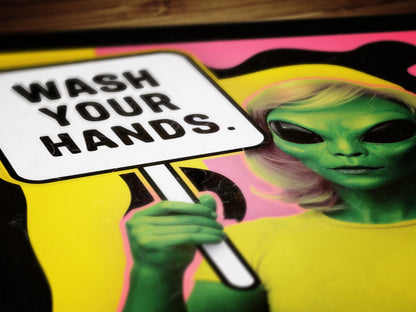 Wash Your Hands, UFO Alien Bathroom Wall Art, Decor Bathroom Art for Kids, Pop Art Print Extraterrestrial, Funny Sci-Fi Weird Art Print