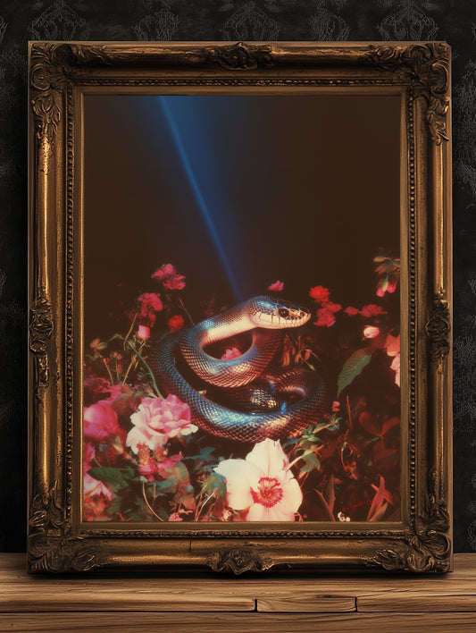 Dark Lush Floral Snake Wall Art Poster, Moody Botanical Wall Art Printable, Gothic Dark Academia Aesthetic Wall Decor