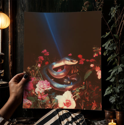 Dark Lush Floral Snake Wall Art Poster, Moody Botanical Wall Art Printable, Gothic Dark Academia Aesthetic Wall Decor