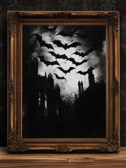Bats Colony Flying In Dark Cloudy Sky Print, German Expressionism Wall Art Poster, Satanic Vintage Bat Painting, Dark Academia Home Decor