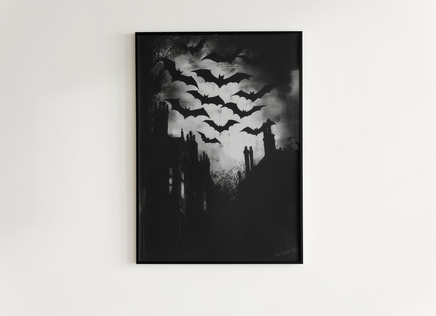 Bats Colony Flying In Dark Cloudy Sky Print, German Expressionism Wall Art Poster, Satanic Vintage Bat Painting, Dark Academia Home Decor