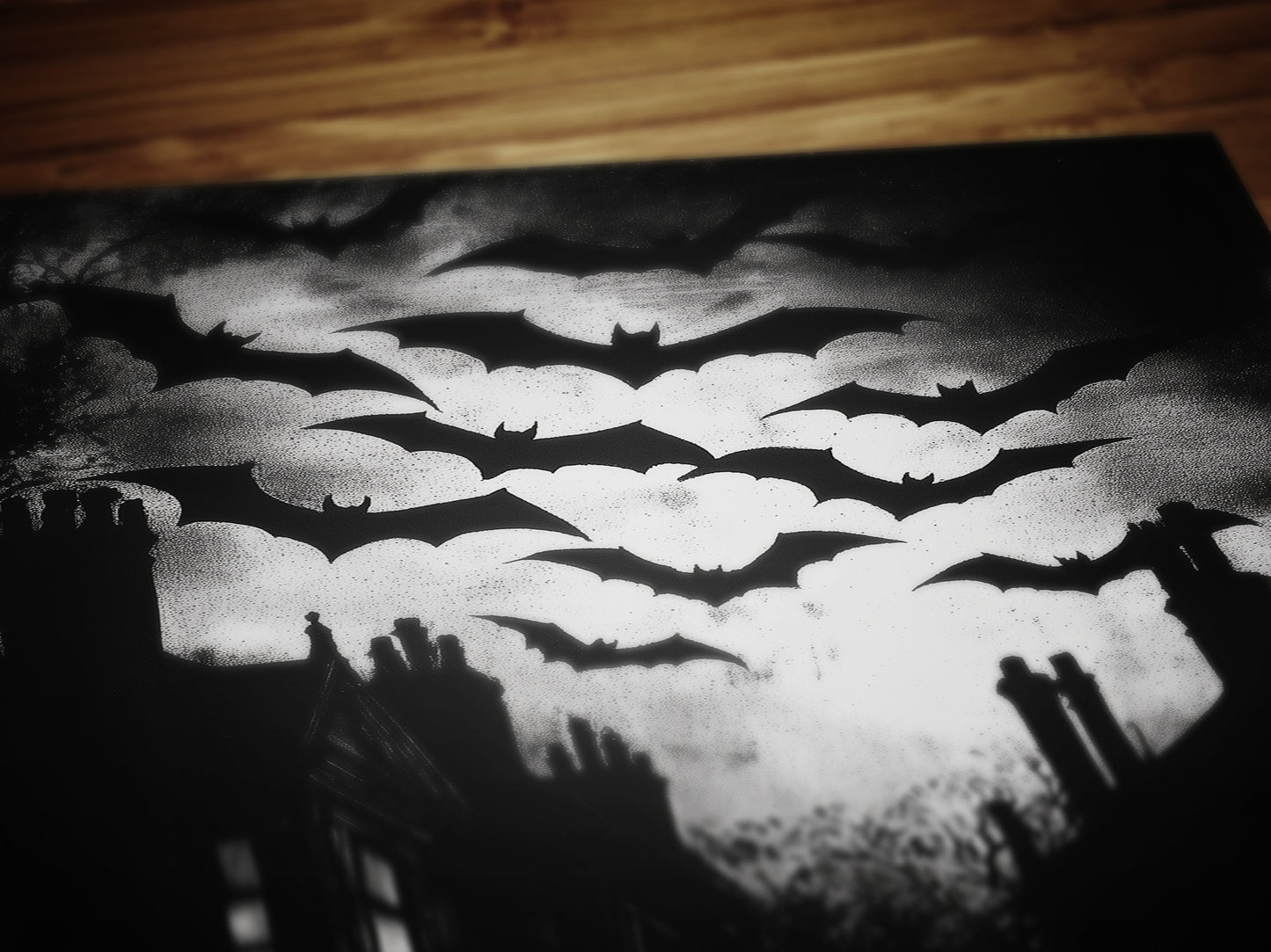Bats Colony Flying In Dark Cloudy Sky Print, German Expressionism Wall Art Poster, Satanic Vintage Bat Painting, Dark Academia Home Decor