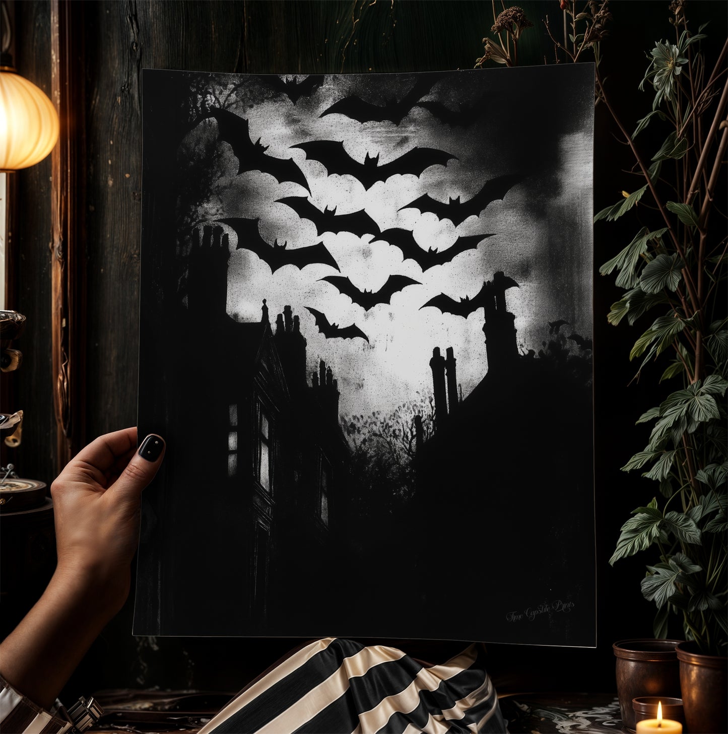 Bats Colony Flying In Dark Cloudy Sky Print, German Expressionism Wall Art Poster, Satanic Vintage Bat Painting, Dark Academia Home Decor