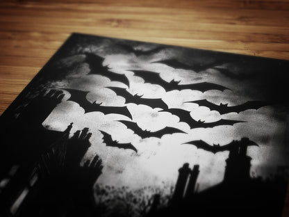 Bats Colony Flying In Dark Cloudy Sky Print, German Expressionism Wall Art Poster, Satanic Vintage Bat Painting, Dark Academia Home Decor